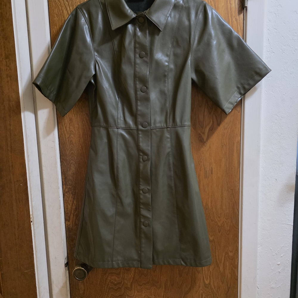 Weekday Olive Green Faux Leather Mini Dress XS